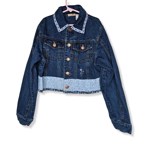 Y2K Vintage Disney Kids Girls Large Denim Jacket Winnie The Pooh Floral Trim - Picture 3 of 6